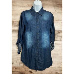 Women's Chambray Denim Button Front Shirt Sz M Long-Sleeve Roll Tab Dark Blue